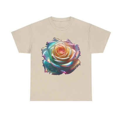 Ethereal Rose Unisex Cotton Tee showcasing a stunning artistic design of a vibrant, iridescent rose adorned with delicate water droplets on a soft beige background.