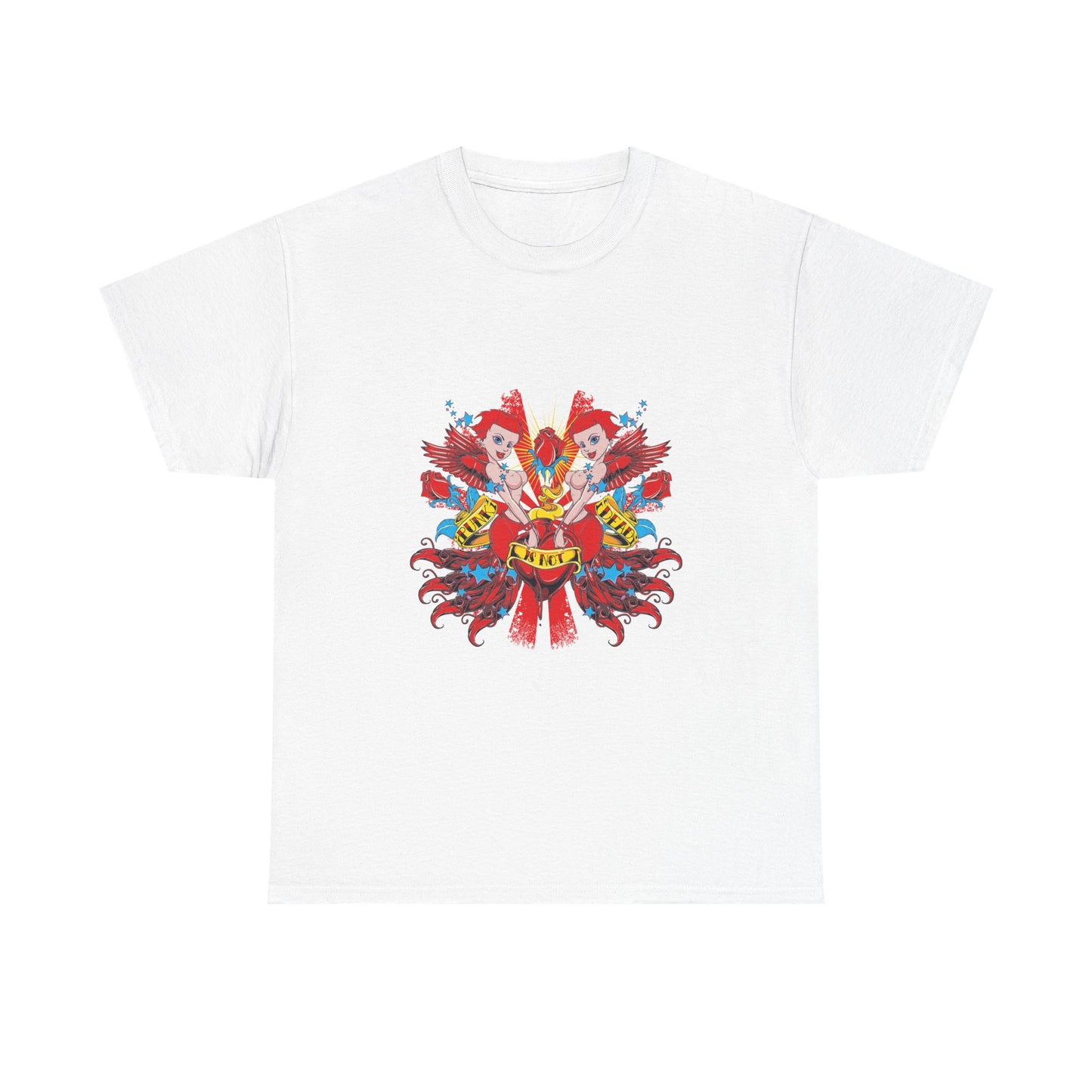 Luxurious white t-shirt featuring an artistic design of playful cherubs cradling a heart, adorned with vibrant red hues, complemented by grunge textures for a rebellious style.