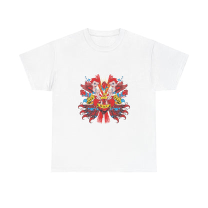 Luxurious white t-shirt featuring an artistic design of playful cherubs cradling a heart, adorned with vibrant red hues, complemented by grunge textures for a rebellious style.