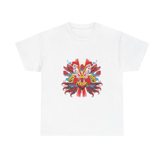 Luxurious white t-shirt featuring an artistic design of playful cherubs cradling a heart, adorned with vibrant red hues, complemented by grunge textures for a rebellious style.