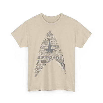 Elegant Star Trek Federation Logo Art Graphic Unisex T-Shirt Tee, displaying a detailed design featuring iconic Star Trek phrases and a star within a starship silhouette.