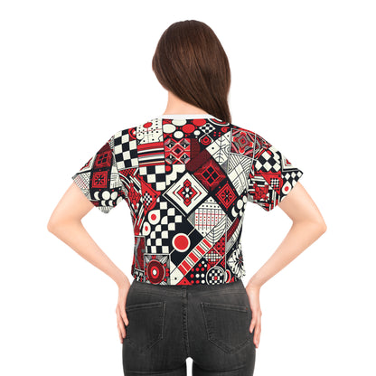 Close-up of the modern patterned design on the Valeria Belmonte T-Shirt in stunning red, created by Dazzling Dreams Studio.