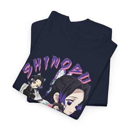 Folded navy blue anime T-shirt featuring an elegant graphic of Shinobu Kocho, highlighting premium quality fabric and artistic design, perfect for stylish everyday wear.
