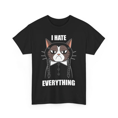 Stylish I Hate Everything t-shirt with a cartoon Grumpy Cat illustration, ideal for those embracing a whimsical yet grumpy aesthetic.