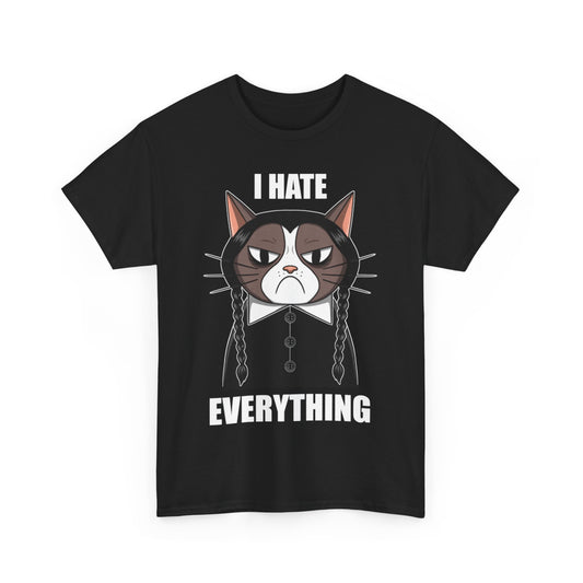Stylish I Hate Everything t-shirt with a cartoon Grumpy Cat illustration, ideal for those embracing a whimsical yet grumpy aesthetic.