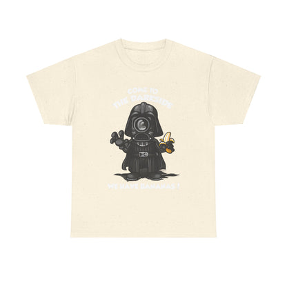 Darth Vader Minion Graphic Unisex T Shirt Tee with a fun illustration of Darth Vader clutching a banana, blending iconic characters in a humorous style. Great Funny T Shirt for Minions fans.