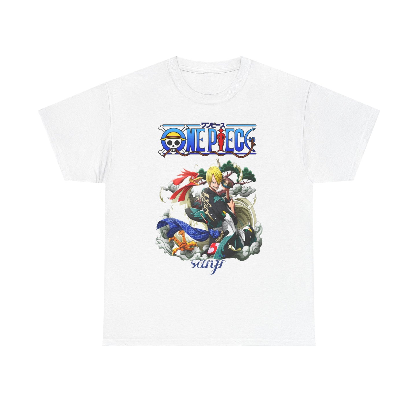 Luxury men's t-shirt featuring an exquisite Sanji design from One Piece, showcasing a dynamic anime artwork on a white background.