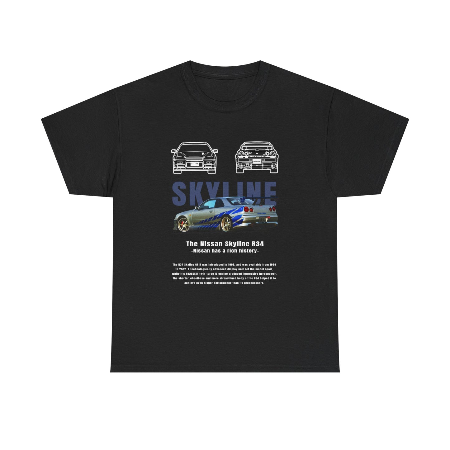Men's black t-shirt featuring a striking Nissan Skyline R34 graphic design, showcasing iconic car illustrations and bold typography, perfect for automotive enthusiasts.