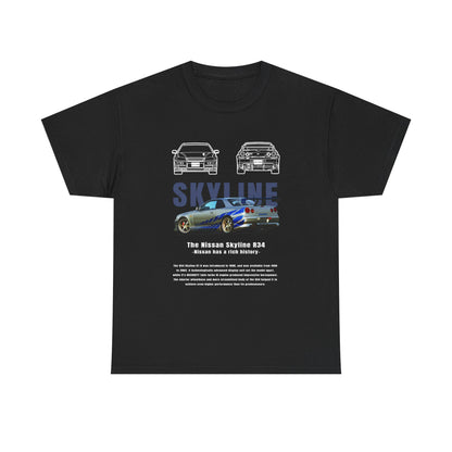 Men's black t-shirt featuring a striking Nissan Skyline R34 graphic design, showcasing iconic car illustrations and bold typography, perfect for automotive enthusiasts.