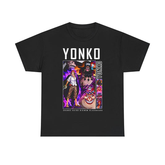 Luxury Yonko graphic tee featuring bold illustrations of Shanks, Kaido, Big Mom, and Blackbeard on a sleek black background. Ideal for anime enthusiasts seeking high-quality streetwear.