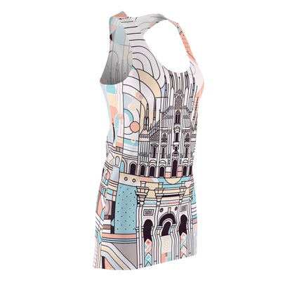 Alessia Castellani Milan Racerback Dress featuring a contemporary pastel pattern inspired by Milan's iconic landmarks, designed by Dazzling Dreams Studio.