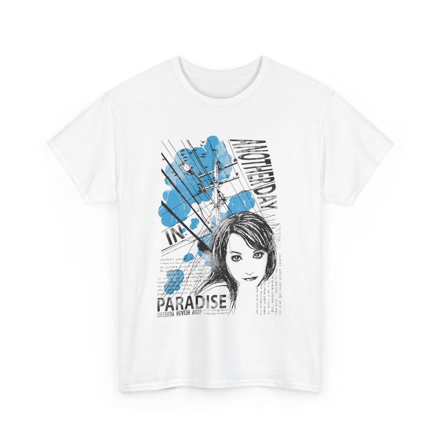Stylish white t-shirt with a captivating graphic design showcasing a woman and urban elements, ideal for making a bold fashion statement.