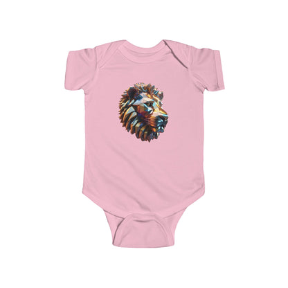 Cute Lion Bodysuit in soft pink, featuring a geometric lion's head design, ideal for stylish baby outfits and perfect for any occasion. Available in multiple colours.