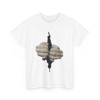 Let Me Out Funny Graphic Unisex T Shirt TEE featuring a striking design of two sculpted hands breaking through a rift on a white canvas, embodying a blend of humour and artistry.