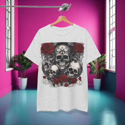 Stylishly displayed Skulls and Roses Cotton Tee on a hanger, set against a vibrant interior, emphasising its edgy design.