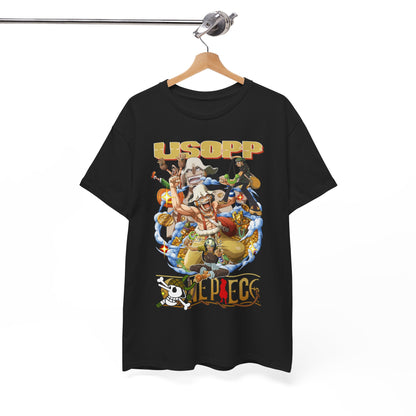 Refined black t-shirt elegantly displayed on a hanger, showcasing a detailed graphic of Usopp and crew from One Piece, set against a backdrop of golden treasures and bold text.
