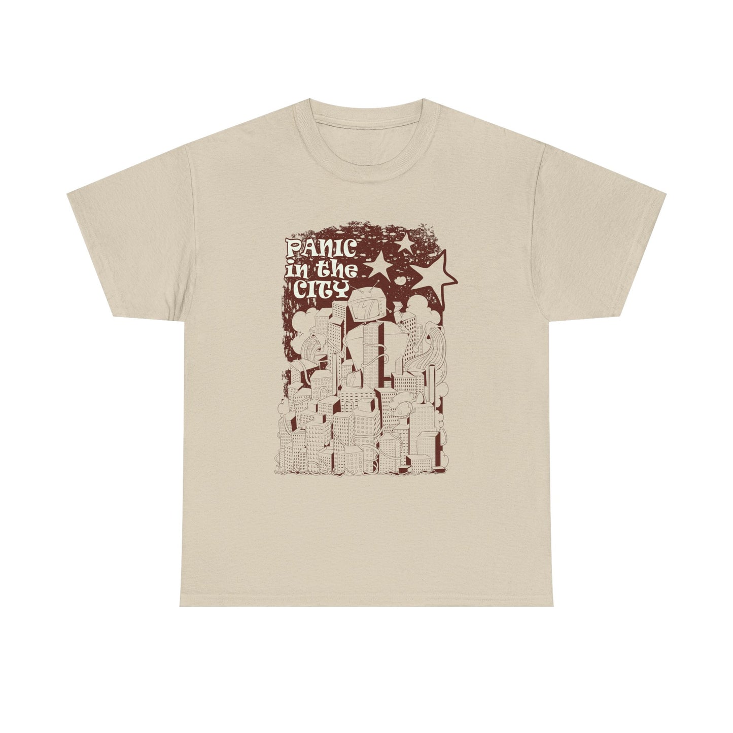 Elegant beige men's tee displaying an intricate cityscape illustration with a quirky robot design, highlighted by the bold text 'PANIC IN the CITY' in contrasting brown hues.