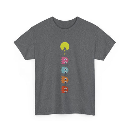 Unisex Pixel-Perfect Pac-Man Graphic Tee - Nostalgic Arcade Gaming Style T-Shirt, highlighting the playful front graphic with Pac-Man and colourful ghosts on a dark grey t-shirt.