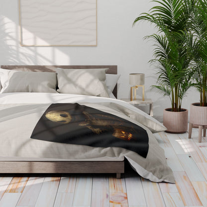 Elegant Decorative and Warm Halloween Spooky Arctic Fleece Blanket artfully arranged on a contemporary bed, showcasing its charm and seasonal flair.