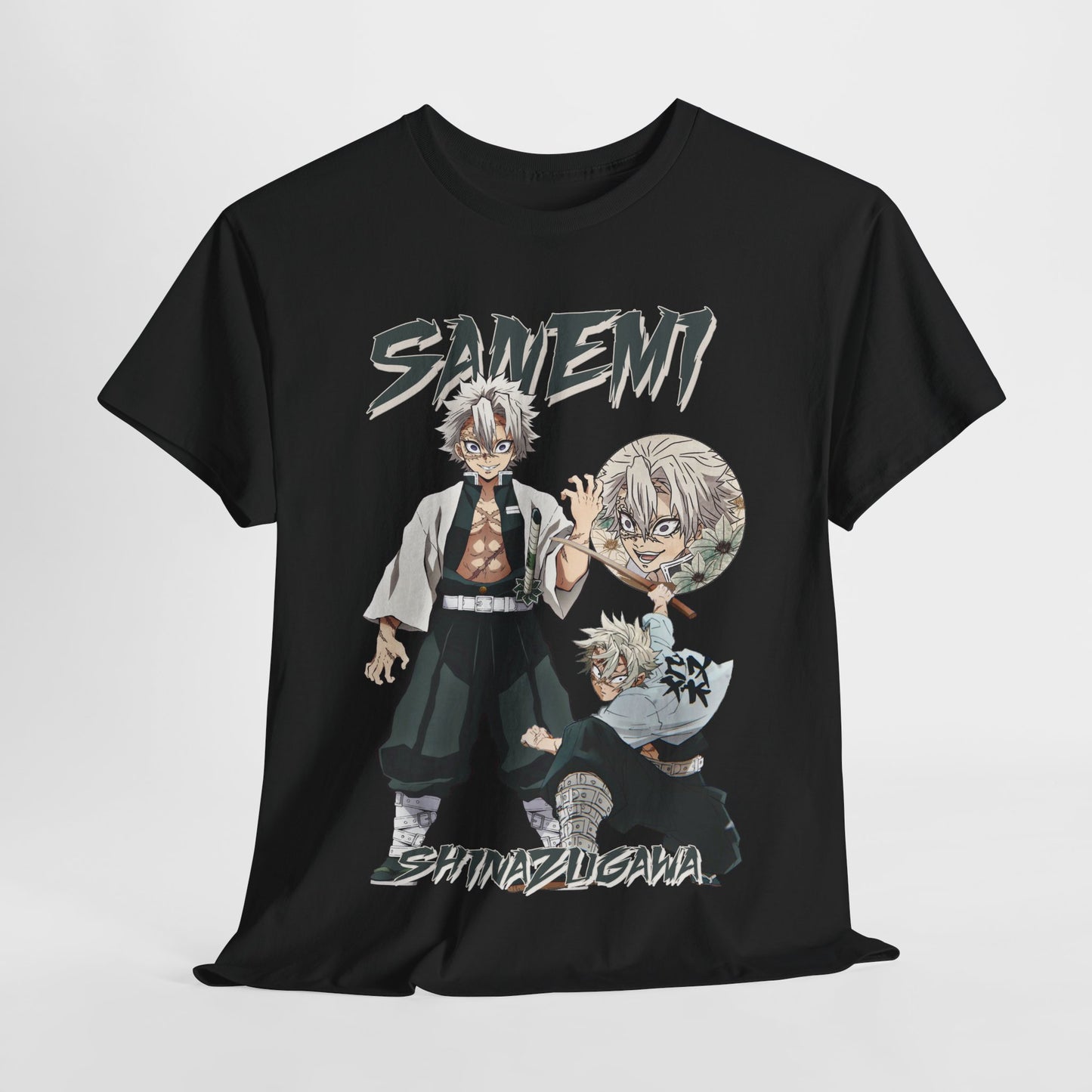 Luxurious Sanemi Shinazugawa T-shirt in black, showcasing dynamic anime artwork with bold typography, perfect for anime enthusiasts who appreciate premium fashion.