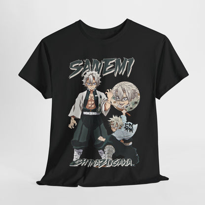 Luxurious Sanemi Shinazugawa T-shirt in black, showcasing dynamic anime artwork with bold typography, perfect for anime enthusiasts who appreciate premium fashion.