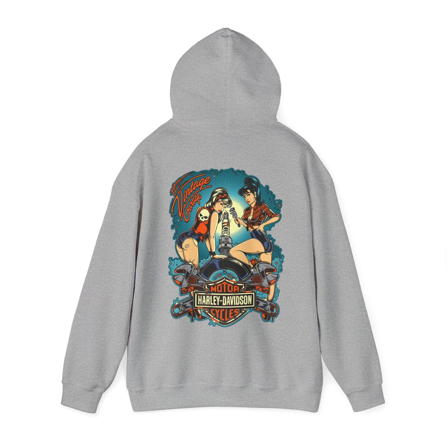 Stylish grey hoodie showcasing a captivating back design with vintage pin-up women and a Harley-Davidson emblem, perfect for a classic motorcycle vibe.