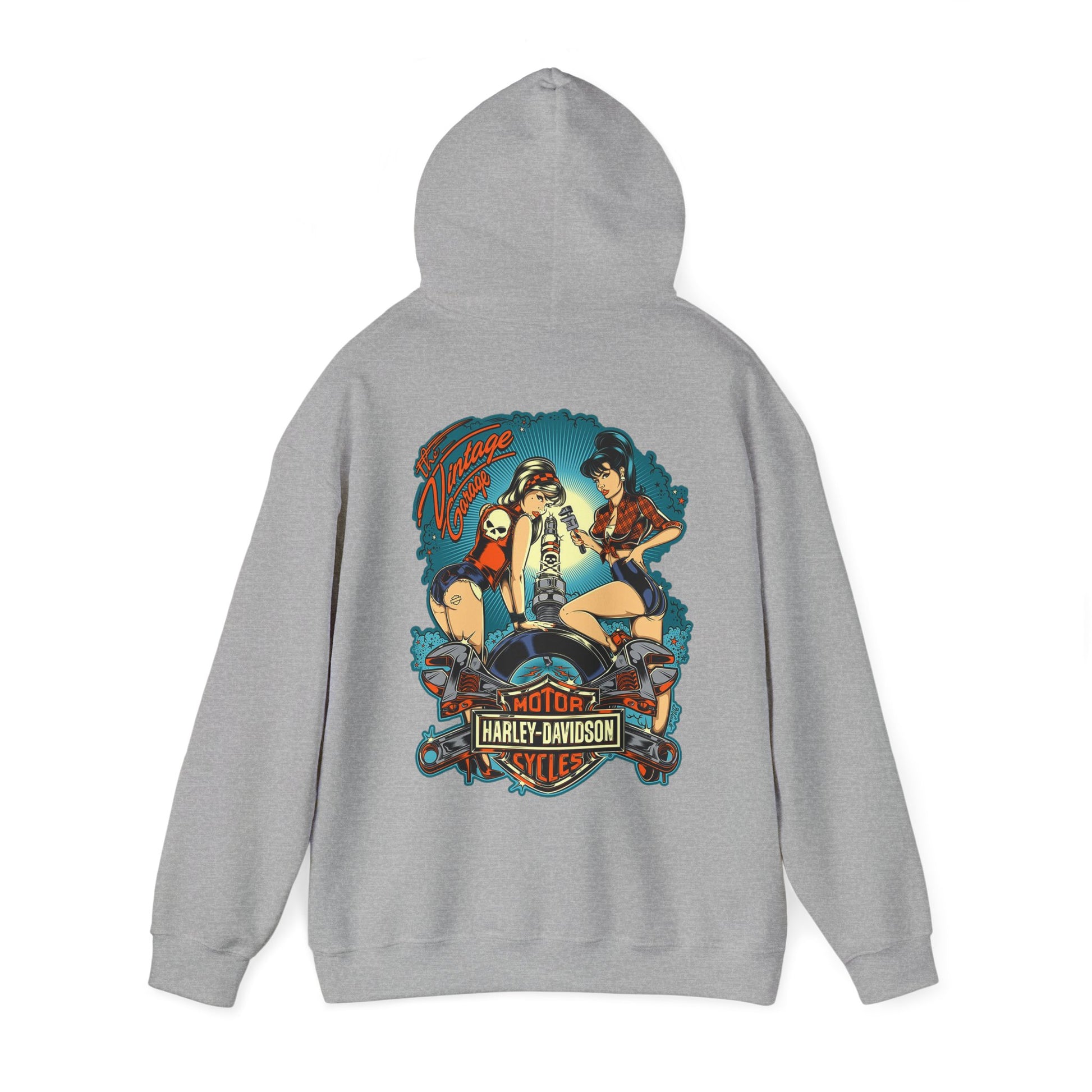 Stylish grey hoodie showcasing a captivating back design with vintage pin-up women and a Harley-Davidson emblem, perfect for a classic motorcycle vibe.