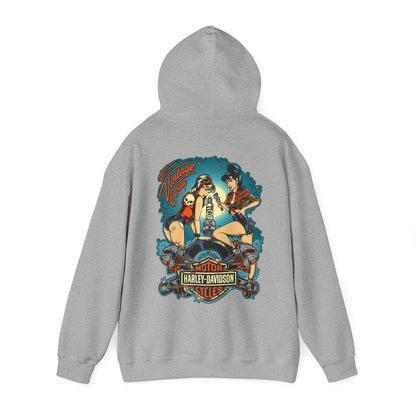 Stylish grey hoodie showcasing a captivating back design with vintage pin-up women and a Harley-Davidson emblem, perfect for a classic motorcycle vibe.