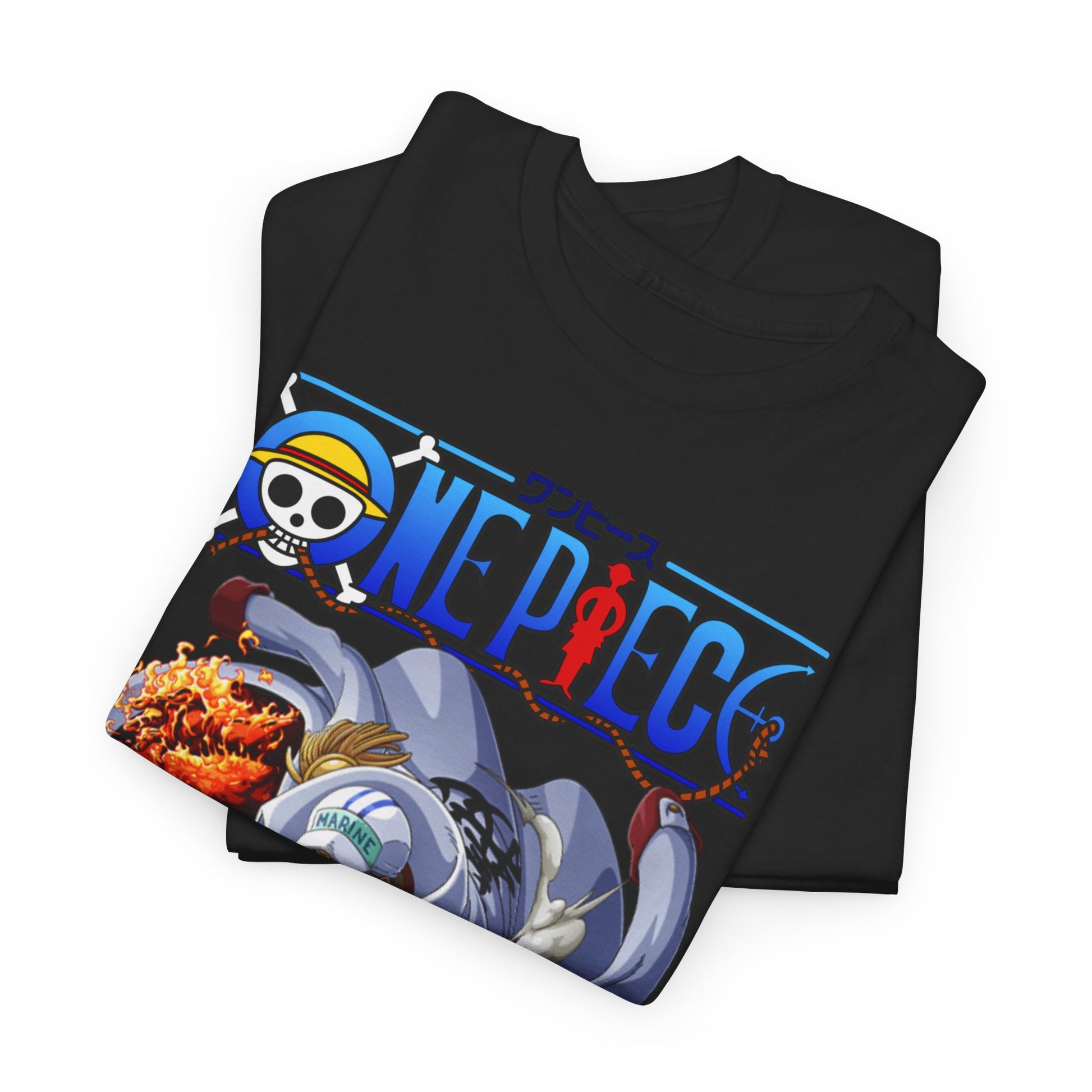 Stylish folded One Piece Akainu t-shirts, showcasing an artistic depiction of Akainu with vibrant colours, ideal for casual streetwear.