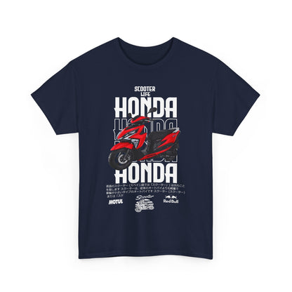 Stylish men’s navy t-shirt featuring a vibrant Honda scooter graphic, embodying adventure and luxury, perfect for scooter lovers.