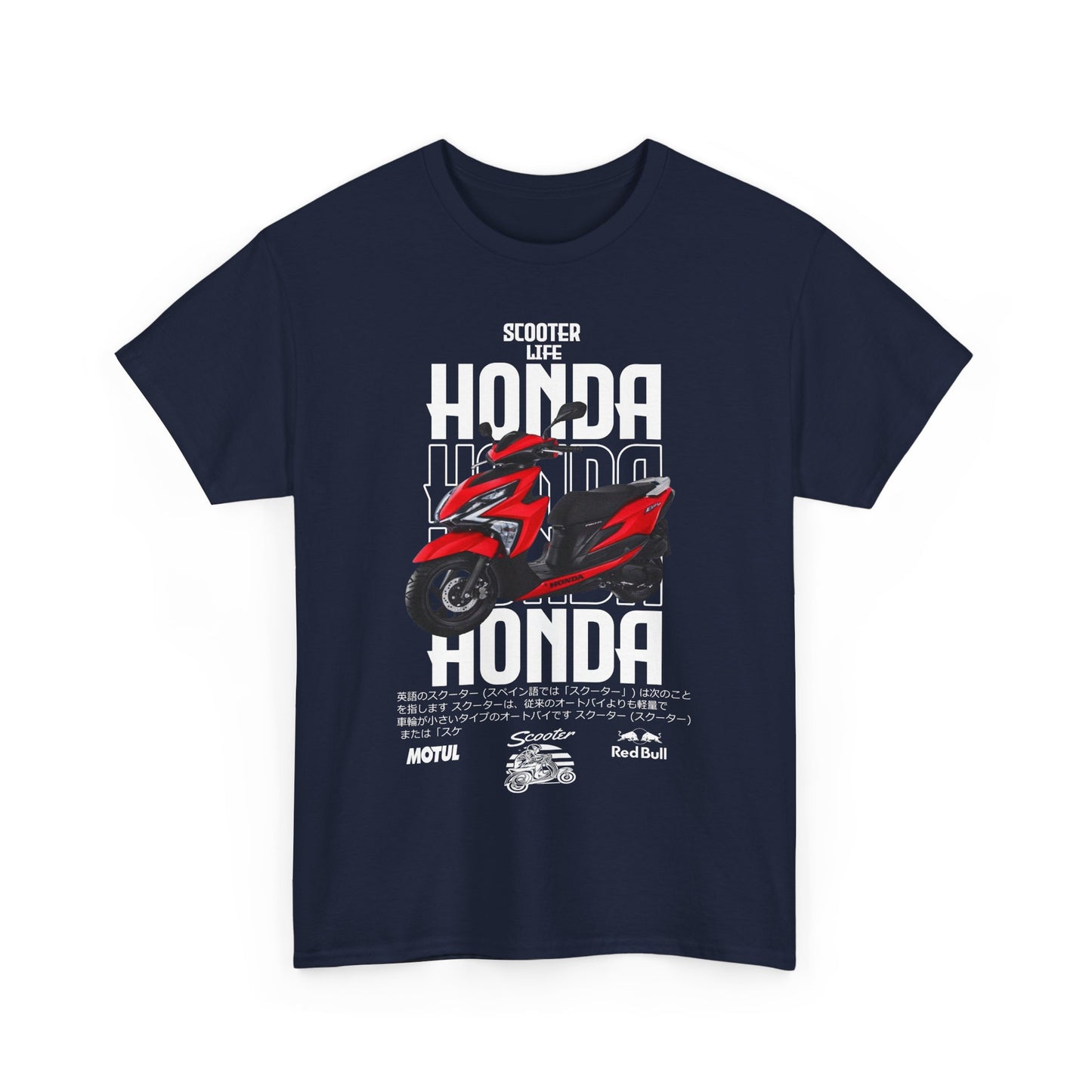 Stylish navy blue t-shirt featuring a vibrant Honda scooter graphic, ideal for motorsport enthusiasts and fashion-forward riders.