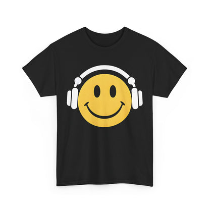 Detail shot of the Enchanted Harmony Graphic T-Shirt in black, featuring a cheerful yellow smiley face with white headphones, emphasising luxury and artistic flair.