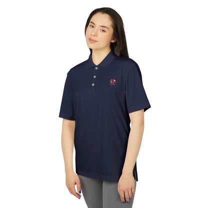 Front view of the Adidas Unisex Performance Polo Shirt in navy, featuring a ribbed knit collar and three-button placket, made from 100% recycled polyester for a luxurious touch.