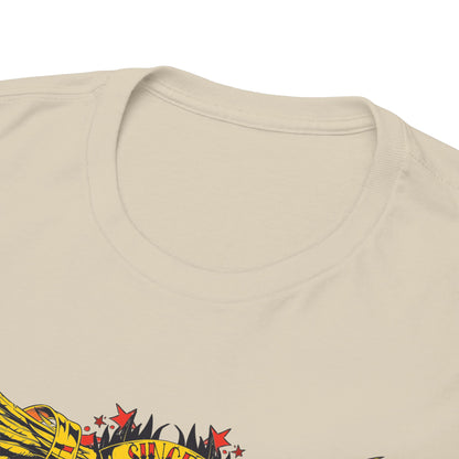 Close-up view of the neckline of the Bold Yellow Skull Graphic T-Shirt, focusing on the fine stitching and luxurious fabric texture.