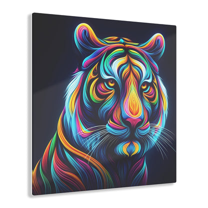 Stylized Tiger's Head Close-Up Acrylic Print showcasing vibrant colours, featuring intricate, flowing lines in bold blues, reds, and yellows, set against a dramatic black backdrop.