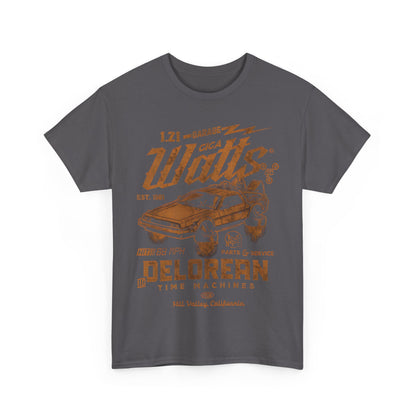 Front view of the Delorean Back to the Future Graphic T-Shirt featuring an iconic graphic, designed for a luxurious blend of comfort and nostalgia.