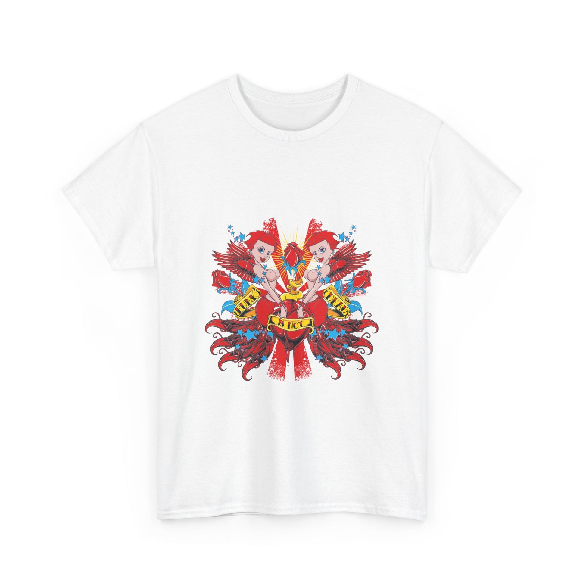 Artistic white t-shirt featuring a vibrant cherub design with red heart, suitable for stylish menswear.