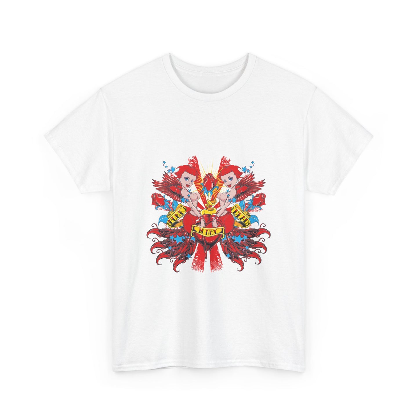 Chic white t-shirt displaying an intricate graphic of cherubs and a heart, complemented by artistic red and blue accents, epitomising modern luxury and playful rebellion.
