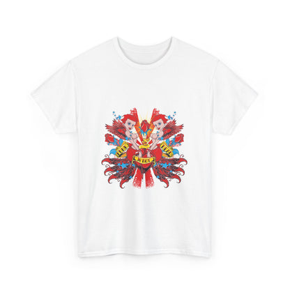 Chic white t-shirt displaying an intricate graphic of cherubs and a heart, complemented by artistic red and blue accents, epitomising modern luxury and playful rebellion.