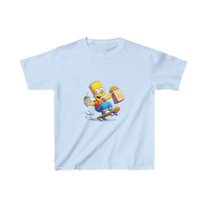 Unisex Kids Bart Simpson Cotton T Shirt Tee Youths Childs - Light blue shirt illustrating Bart Simpson on a skateboard, a luxe addition to any child's wardrobe.