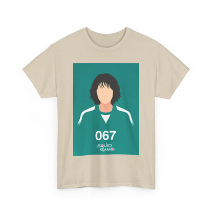 Elegant Squid Game Unisex Men's Women's Graphic Cotton Funny T Shirt Tee showcasing character 067 in a stylish representation, ideal for uniqueness and casual wear.
