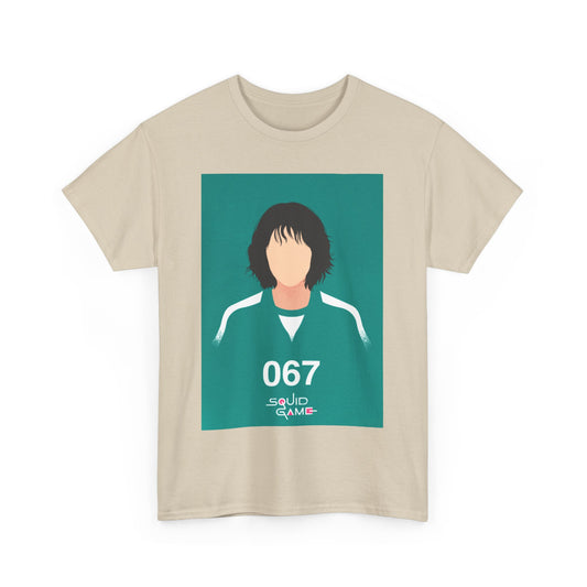 Elegant Squid Game Unisex Men's Women's Graphic Cotton Funny T Shirt Tee showcasing character 067 in a stylish representation, ideal for uniqueness and casual wear.