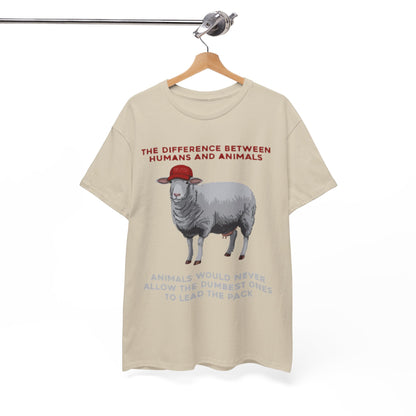 High-end T-shirt showcased hanging on a wooden hanger, featuring a sheep in a red cap and thought-provoking text 'THE DIFFERENCE BETWEEN HUMANS AND ANIMALS', a blend of wit and style.