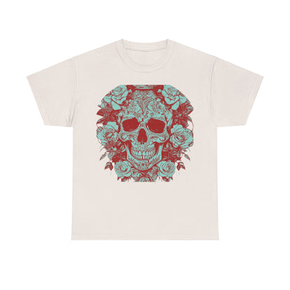 Refined Skulls and Roses Cotton Tee in an off-white colour, artfully displaying a unique graphic featuring skulls and roses, perfect for distinctive wardrobes.