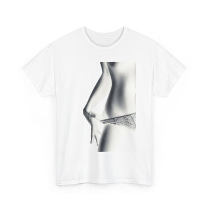 Chic unisex tee highlighting a graceful profile view of a woman's torso, entwined with detailed lace undergarments, blending romance and artistry for a contemporary look.