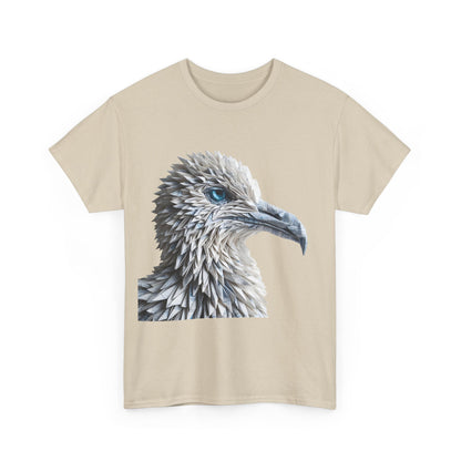 Stunning Sculpted Elegance Unisex Cotton Tee, elegantly featuring an intricate origami bird design with captivating details on a light beige background.