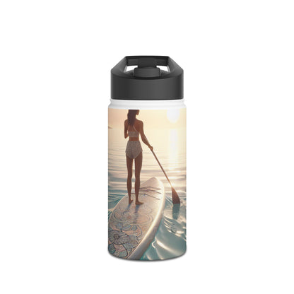Fantasy Paddleboarding Stainless Steel Water Bottle featuring a serene image of a woman paddleboarding at sunrise, reflecting the luxury and adventure of outdoor hydration.