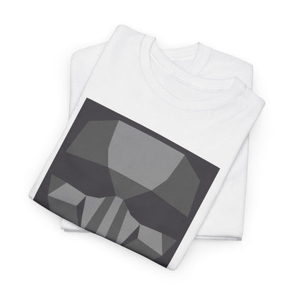 Fashionable white t-shirt stacked neatly, highlighting an eye-catching geometric face print and the motivational text 'BEGIN THE NEXT GAME', suitable for stylish outfits.