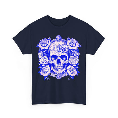 Front view of the Skulls and Roses Cotton Tee featuring an intricate steampunk-inspired graphic with skulls and roses in blue, ideal for unique style expressions.