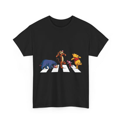 Front view of the Pooh and Friends Abbey Road Graphic T-Shirt with vivid graphics of Winnie the Pooh and friends, elegantly displayed on a black background, ideal for upscale streetwear enthusiasts.